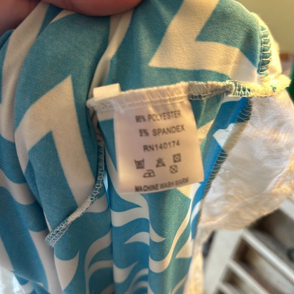 Ice Silk Turquoise & White Chevron Striped Lace Trim 3/4 Sleeved Pull On Dress. - Picture 9 of 10